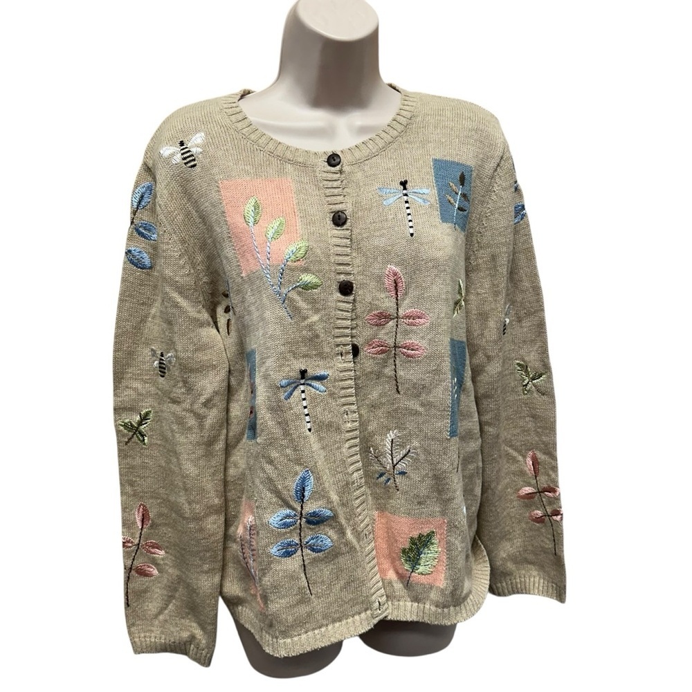 Norm Thompson knit dragonfly & bees cardigan sweater womens medium